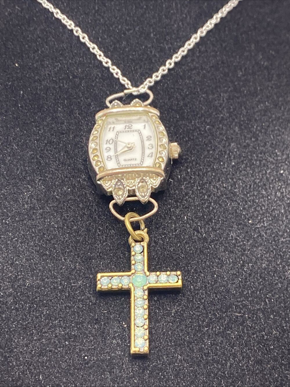 Womens Faith Christian Cross Custom Watch Necklace Rhinestone Works New Battery
